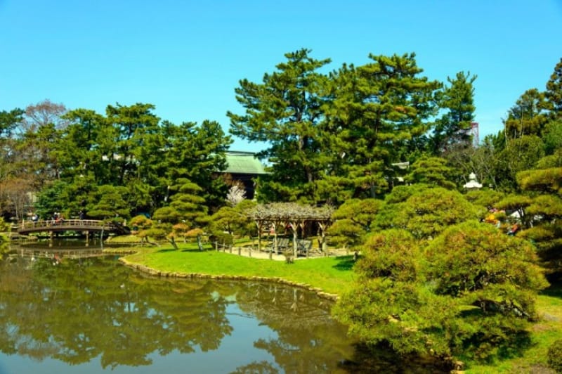 新潟市中央区の市役所建物そばにある白山公園の日本庭園です。