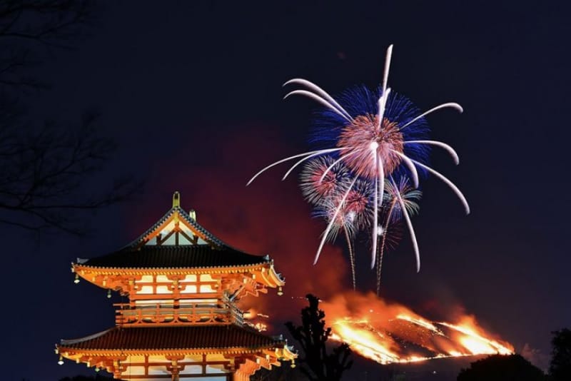 豪快に焼かれる山 そして夜空には大輪の花
